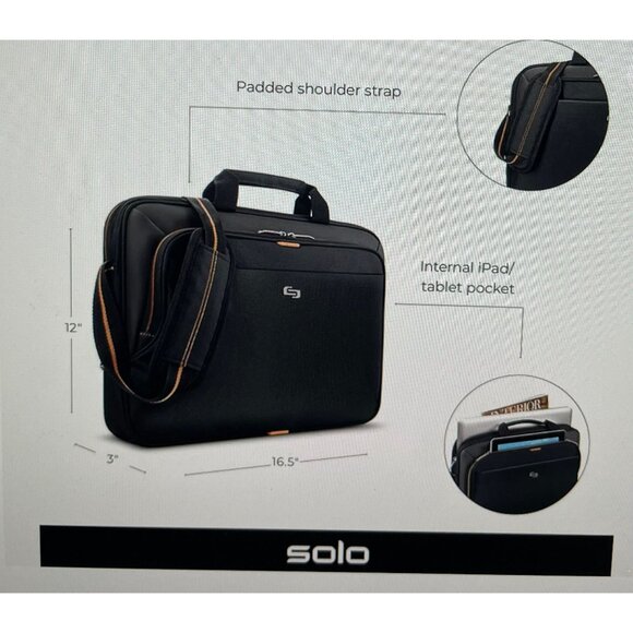 NWT Solo New York Ace Slim Brief Laptop Bag 15.6" Black - Picture 2 of 8